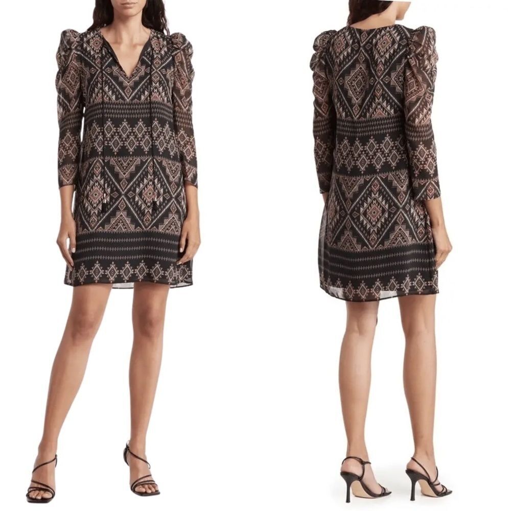 NEW Vince Camuto Shirred Sleeve Geo Print Boho Chiffon Split Neck Shift Dress